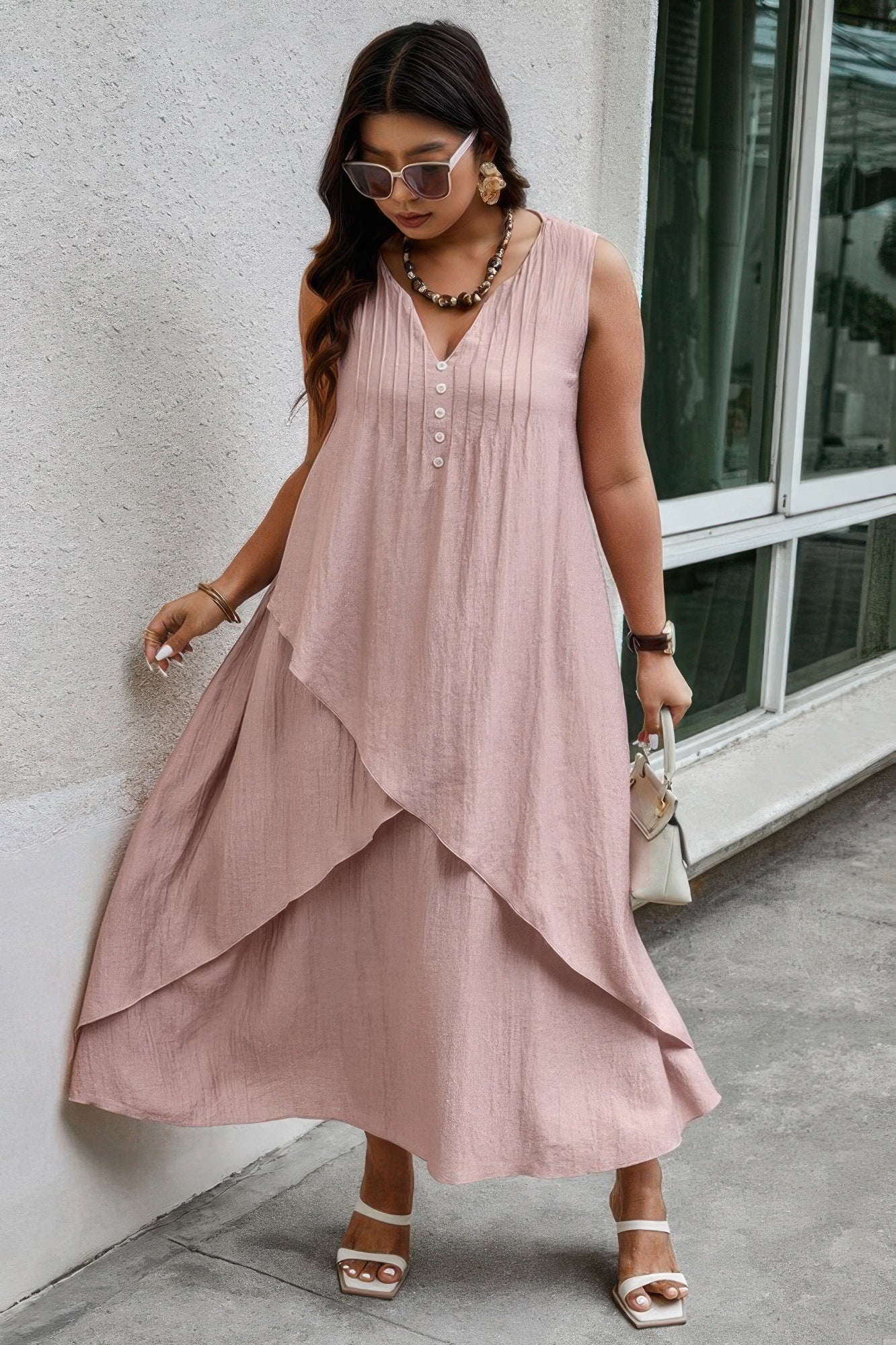 Solid Plus Notched Neck Wrap Sleeveless Loose Dress - Tigbul's Variety Fashion Shop