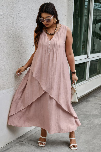 Solid Plus Notched Neck Wrap Sleeveless Loose Dress - Tigbul's Variety Fashion Shop