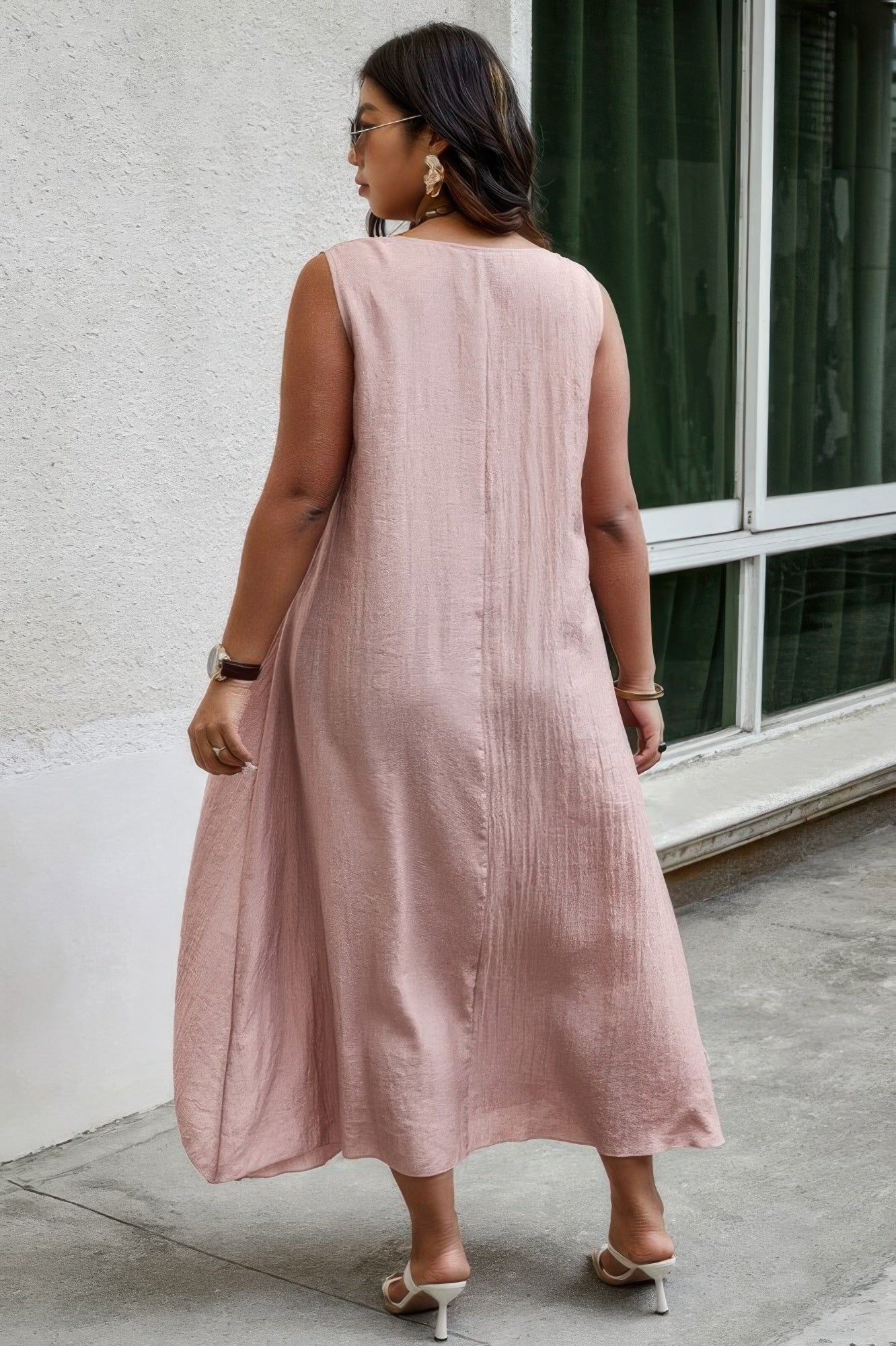 Solid Plus Notched Neck Wrap Sleeveless Loose Dress - Tigbul's Variety Fashion Shop