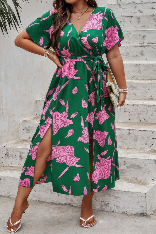 Plus Floral Short Sleeve Split Belted Midi Dress - Tigbul's Variety Fashion Shop