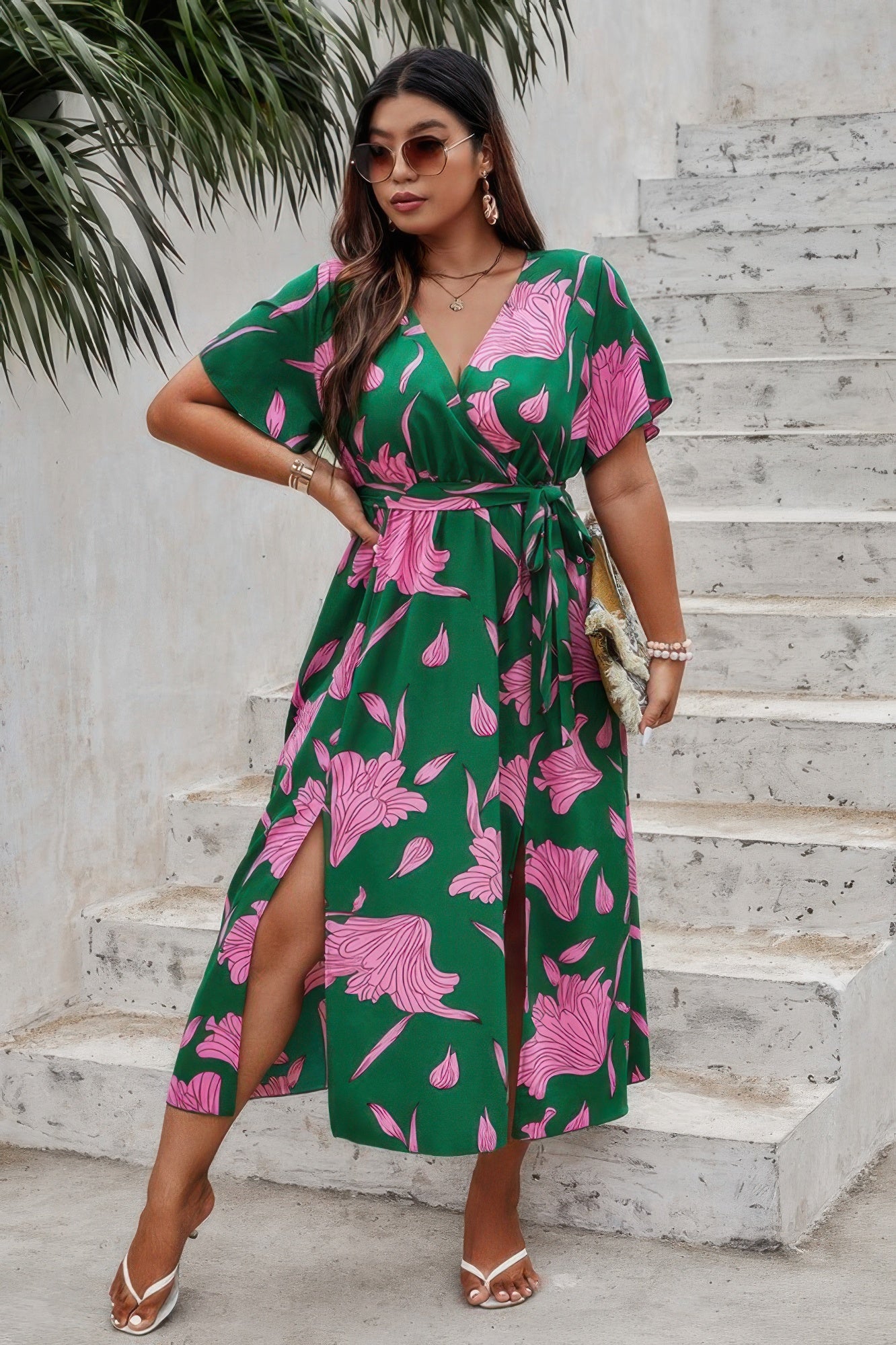 Plus Floral Short Sleeve Split Belted Midi Dress - Tigbul's Variety Fashion Shop