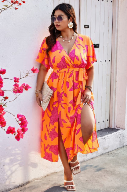 Plus Floral Short Sleeve Split Belted Midi Dress - Tigbul's Variety Fashion Shop