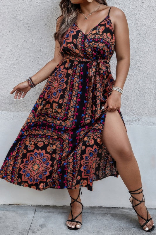 Plus Size Floral Belted Cami Boho Long Dress - Tigbul's Variety Fashion Shop
