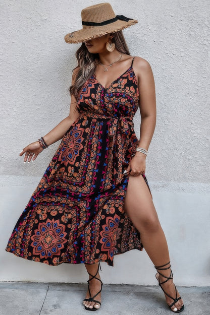 Plus Size Floral Belted Cami Boho Long Dress - Tigbul's Variety Fashion Shop