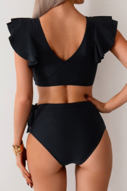 V Neck Two Piece Ruffled High Waisted Swimsuit - Tigbul's Variety Fashion Shop