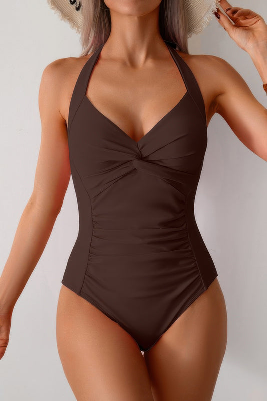 V Neck Halter One Piece Ruched Backless Swimsuit - Tigbul's Variety Fashion Shop