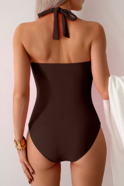 V Neck Halter One Piece Ruched Backless Swimsuit - Tigbul's Variety Fashion Shop