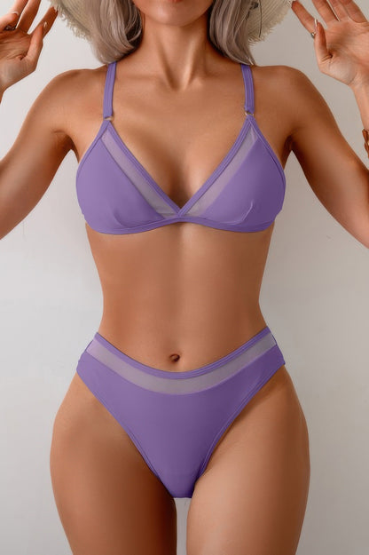 Two Pieces Lace Trim Solid High Cut Bikini - Tigbul's Variety Fashion Shop