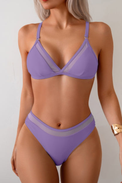 Two Pieces Lace Trim Solid High Cut Bikini - Tigbul's Variety Fashion Shop