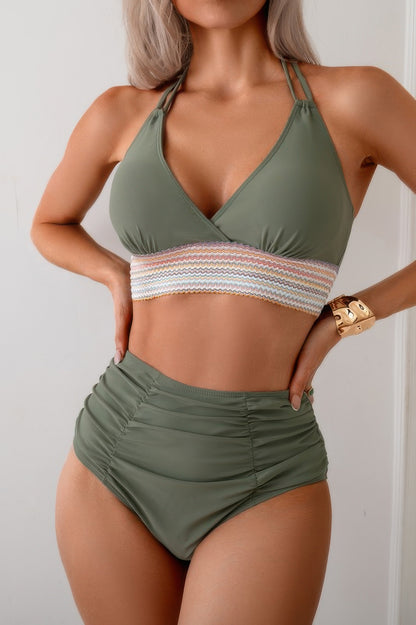 Two Pieces Elastic Band Halter Ruched Bikini - Tigbul's Variety Fashion Shop