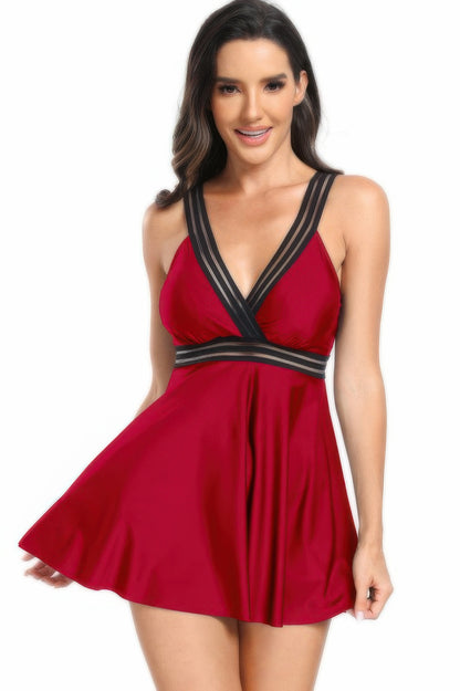 Strip Lace Trim Sleeveless Deep V Neck Swimsuits - Tigbul's Variety Fashion Shop