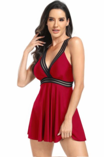 Strip Lace Trim Sleeveless Deep V Neck Swimsuits - Tigbul's Variety Fashion Shop