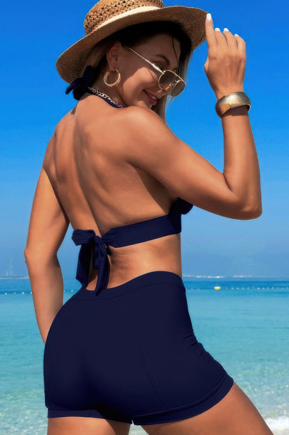 Two Pieces Solid Halter V Neck High Waist Swimsuit - Tigbul's Variety Fashion Shop
