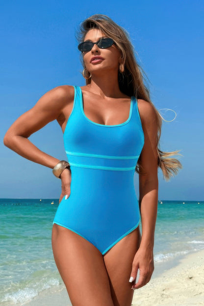 U Neck Contrast Trim Strip One Piece Swimsuit - Tigbul's Variety Fashion Shop