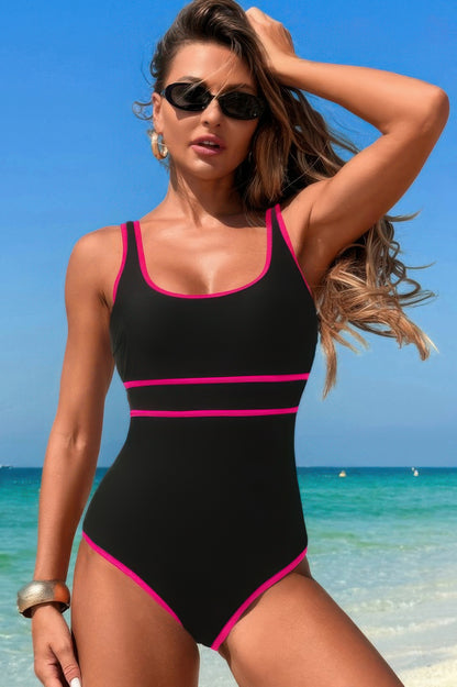 U Neck Contrast Trim Strip One Piece Swimsuit - Tigbul's Variety Fashion Shop