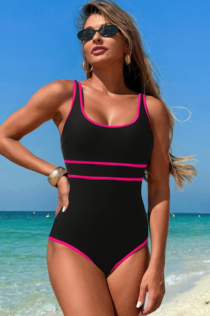 U Neck Contrast Trim Strip One Piece Swimsuit - Tigbul's Variety Fashion Shop
