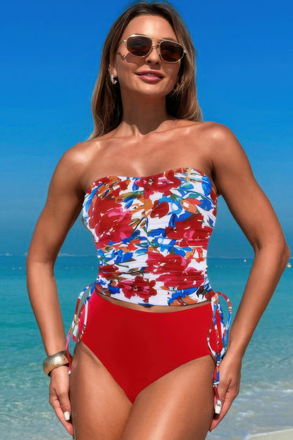 Strapless Ruche Drawstring Side Two Piece Swimsuit - Tigbul's Variety Fashion Shop