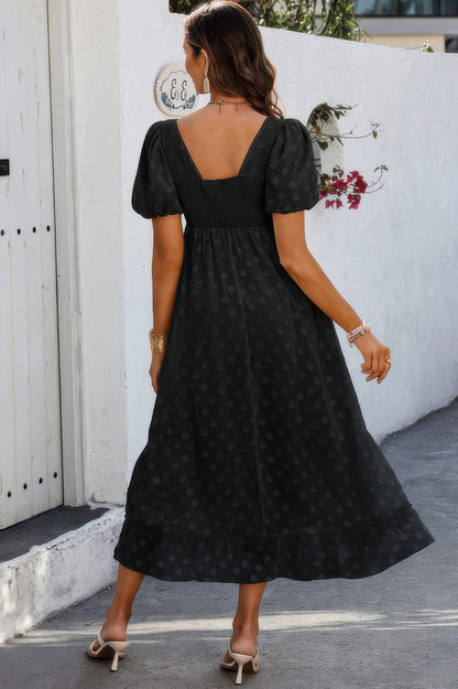 Square Neck Swiss Dot Ruffle Puff Sleeves Dress - Tigbul's Variety Fashion Shop
