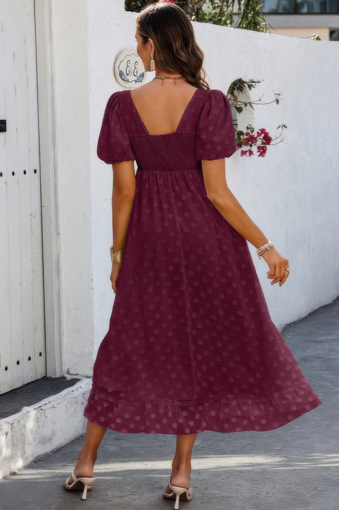 Square Neck Swiss Dot Ruffle Puff Sleeves Dress - Tigbul's Variety Fashion Shop