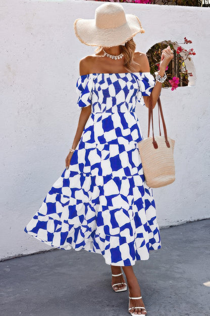 Allover Print Off Shoulder Ruched Ruffle Dress - Tigbul's Variety Fashion Shop