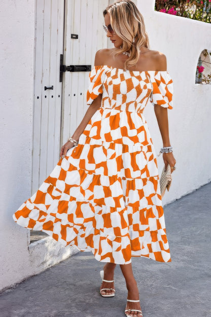 Allover Print Off Shoulder Ruched Ruffle Dress - Tigbul's Variety Fashion Shop