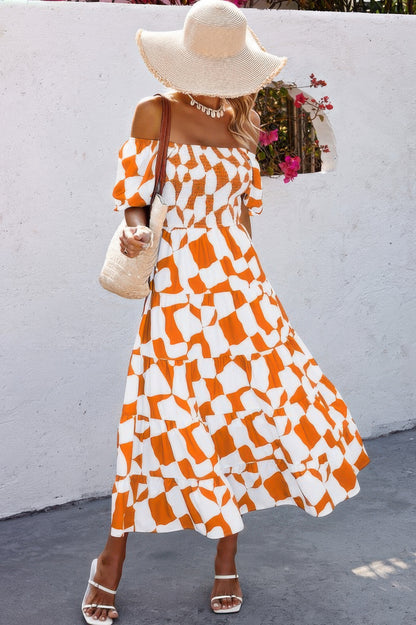 Allover Print Off Shoulder Ruched Ruffle Dress - Tigbul's Variety Fashion Shop