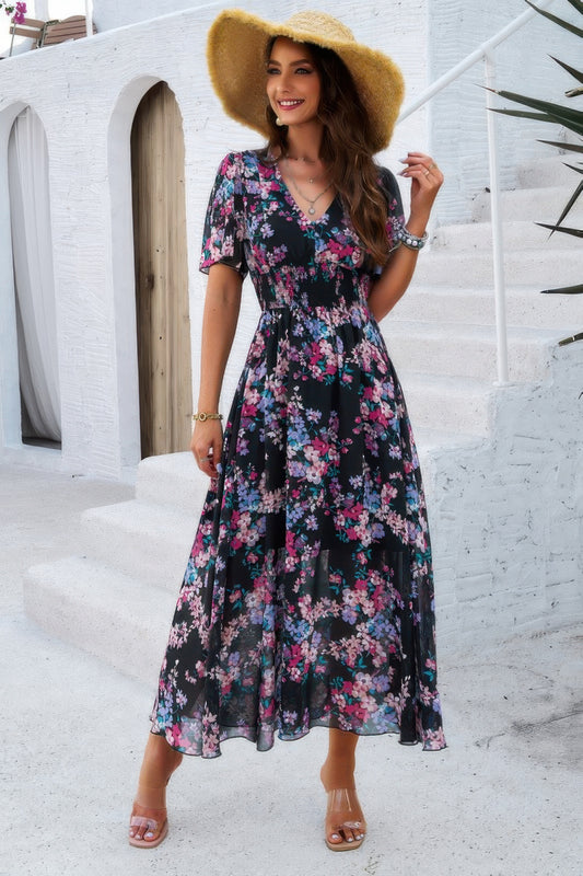 Boho Floral Print High Waist Band Fit Lined Dress - Tigbul's Variety Fashion Shop