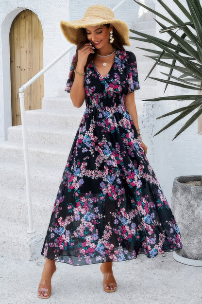 Boho Floral Print High Waist Band Fit Lined Dress - Tigbul's Variety Fashion Shop