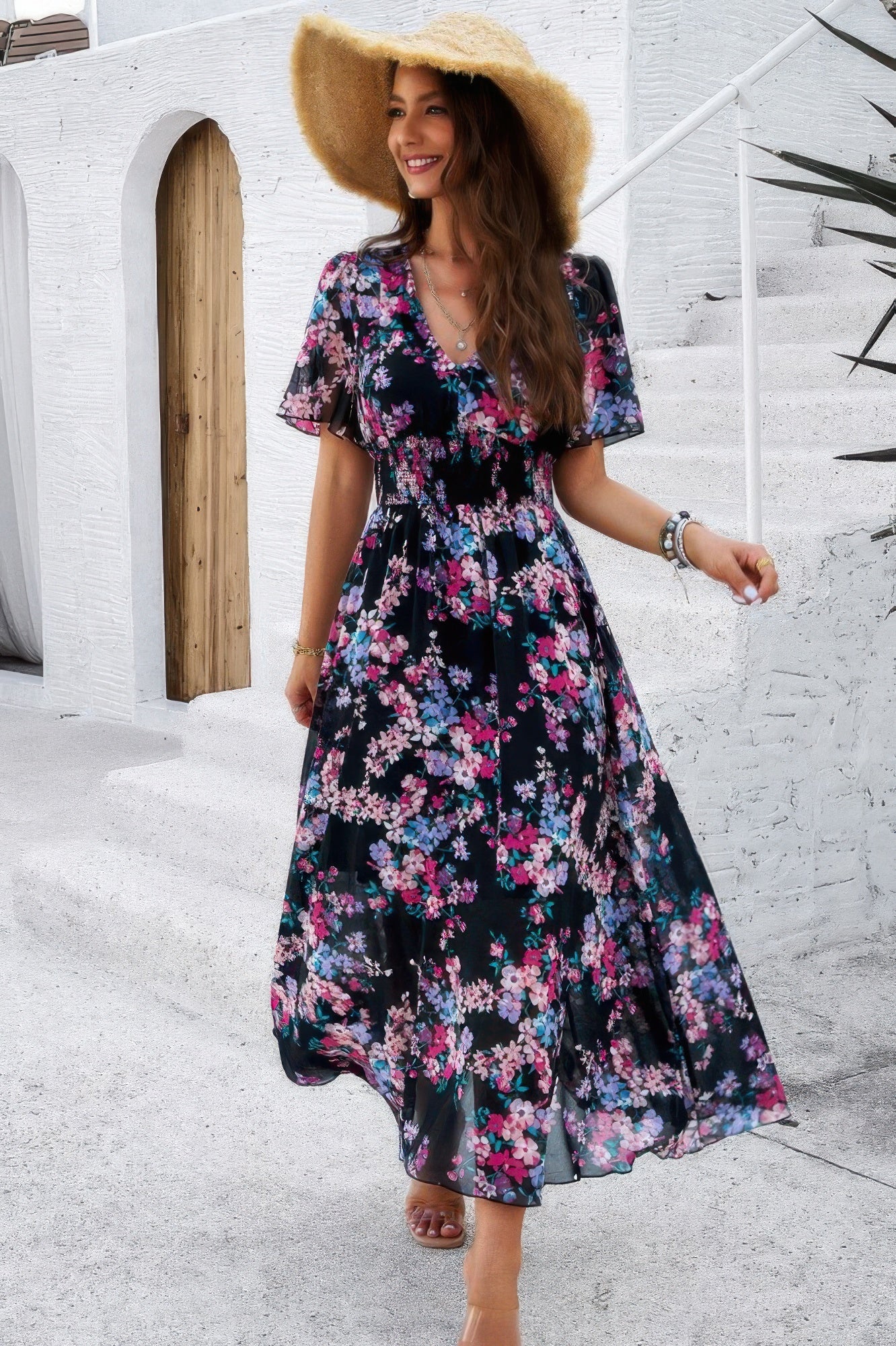 Boho Floral Print High Waist Band Fit Lined Dress - Tigbul's Variety Fashion Shop