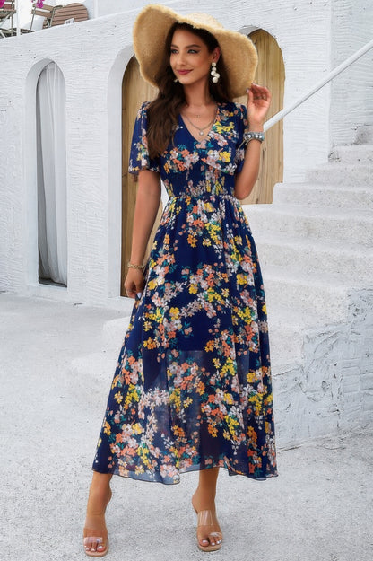 Boho Floral Print High Waist Band Fit Lined Dress - Tigbul's Variety Fashion Shop