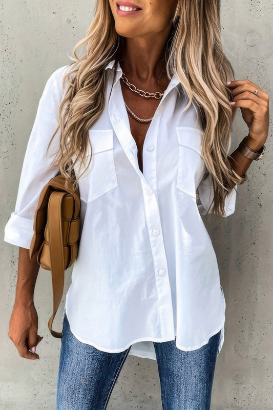 Solid Button Up Pockets Long Sleeves Blouse - Tigbul's Variety Fashion Shop