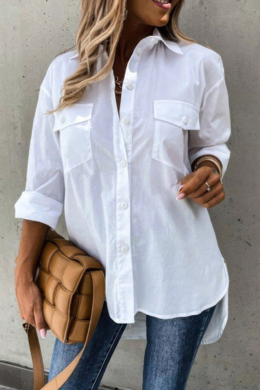 Solid Button Up Pockets Long Sleeves Blouse - Tigbul's Variety Fashion Shop