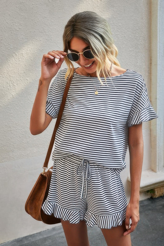 Round Neck Striped Top Short Set - Tigbul's Variety Fashion Shop