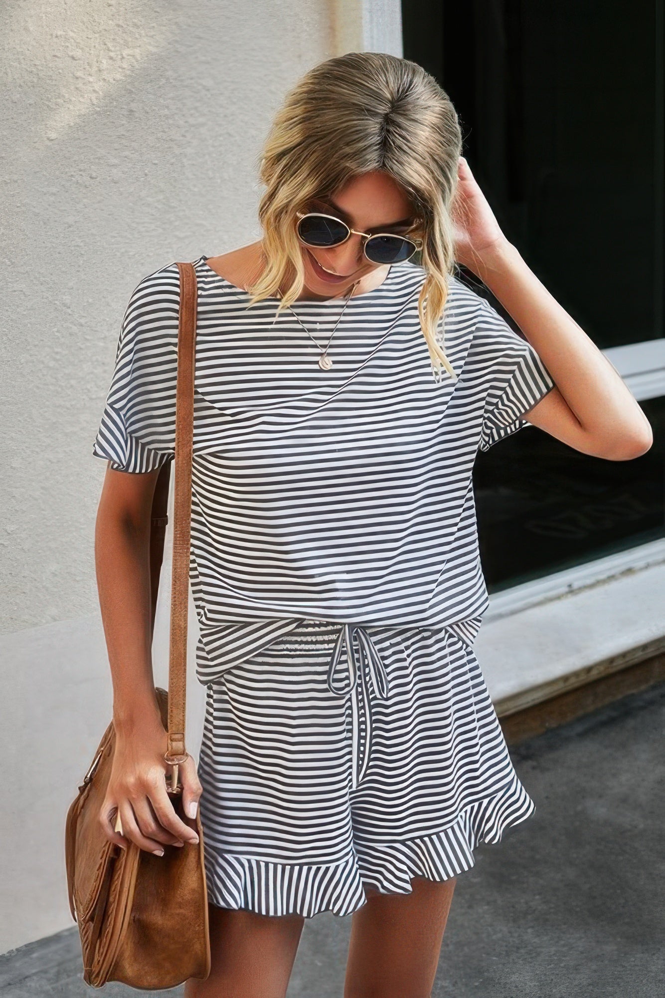 Round Neck Striped Top Short Set - Tigbul's Variety Fashion Shop