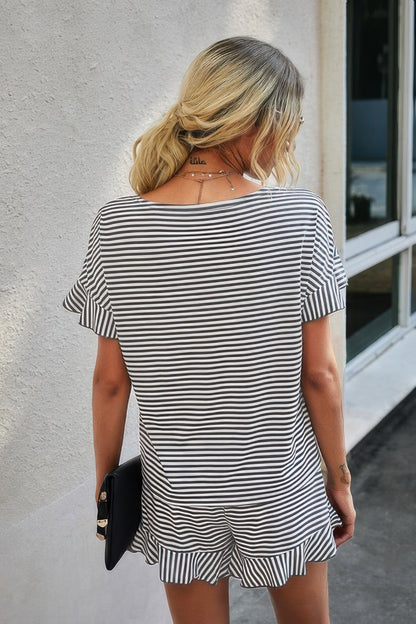 Round Neck Striped Top Short Set - Tigbul's Variety Fashion Shop