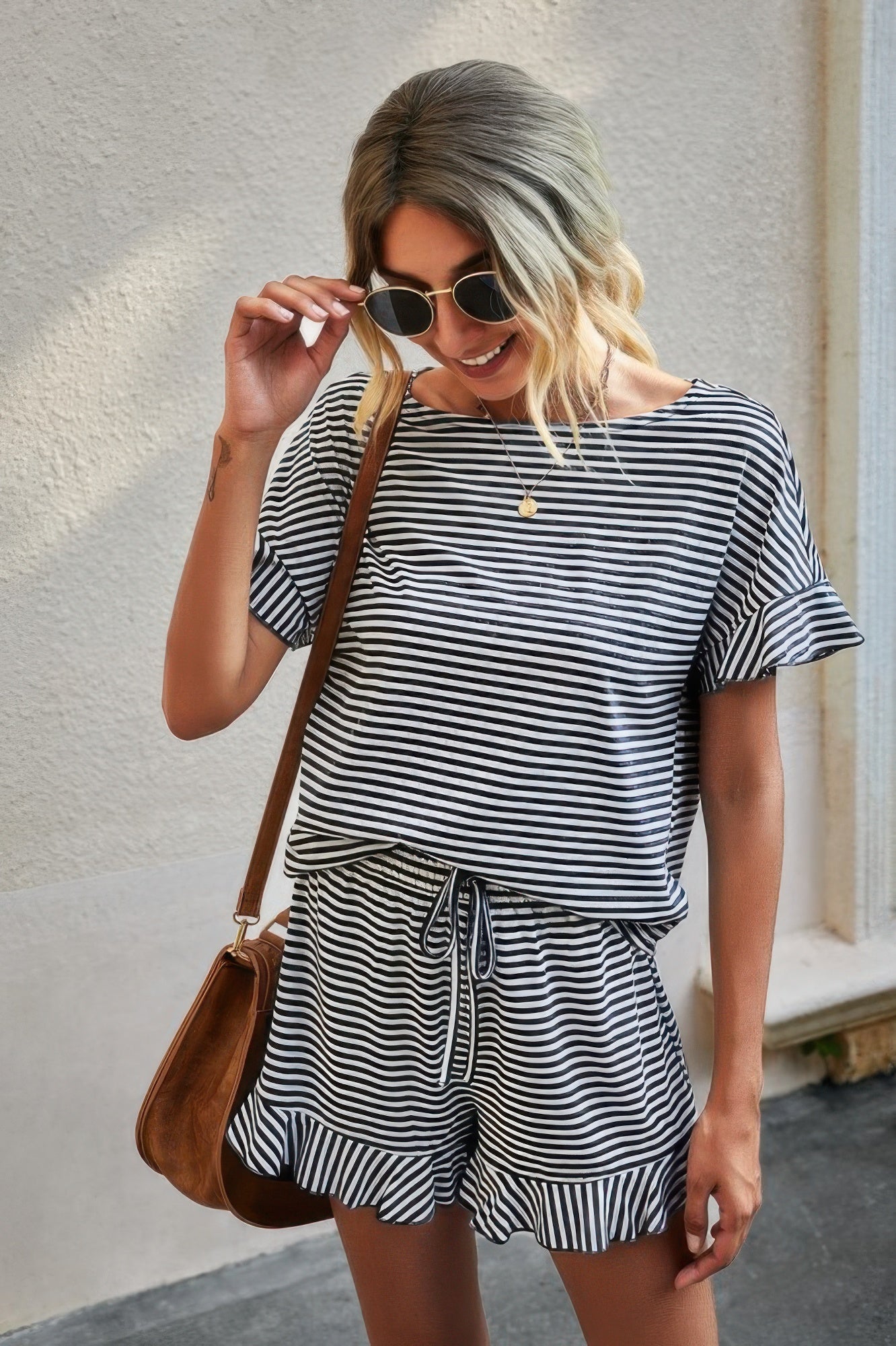 Round Neck Striped Top Short Set - Tigbul's Variety Fashion Shop