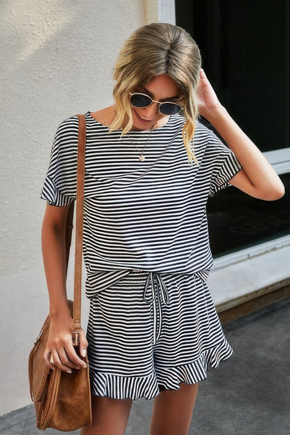 Round Neck Striped Top Short Set - Tigbul's Variety Fashion Shop