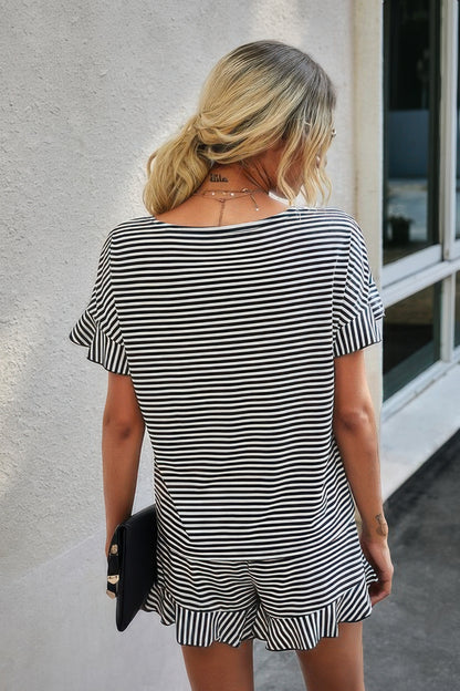 Round Neck Striped Top Short Set - Tigbul's Variety Fashion Shop