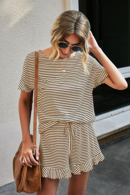 Round Neck Striped Top Short Set - Tigbul's Variety Fashion Shop