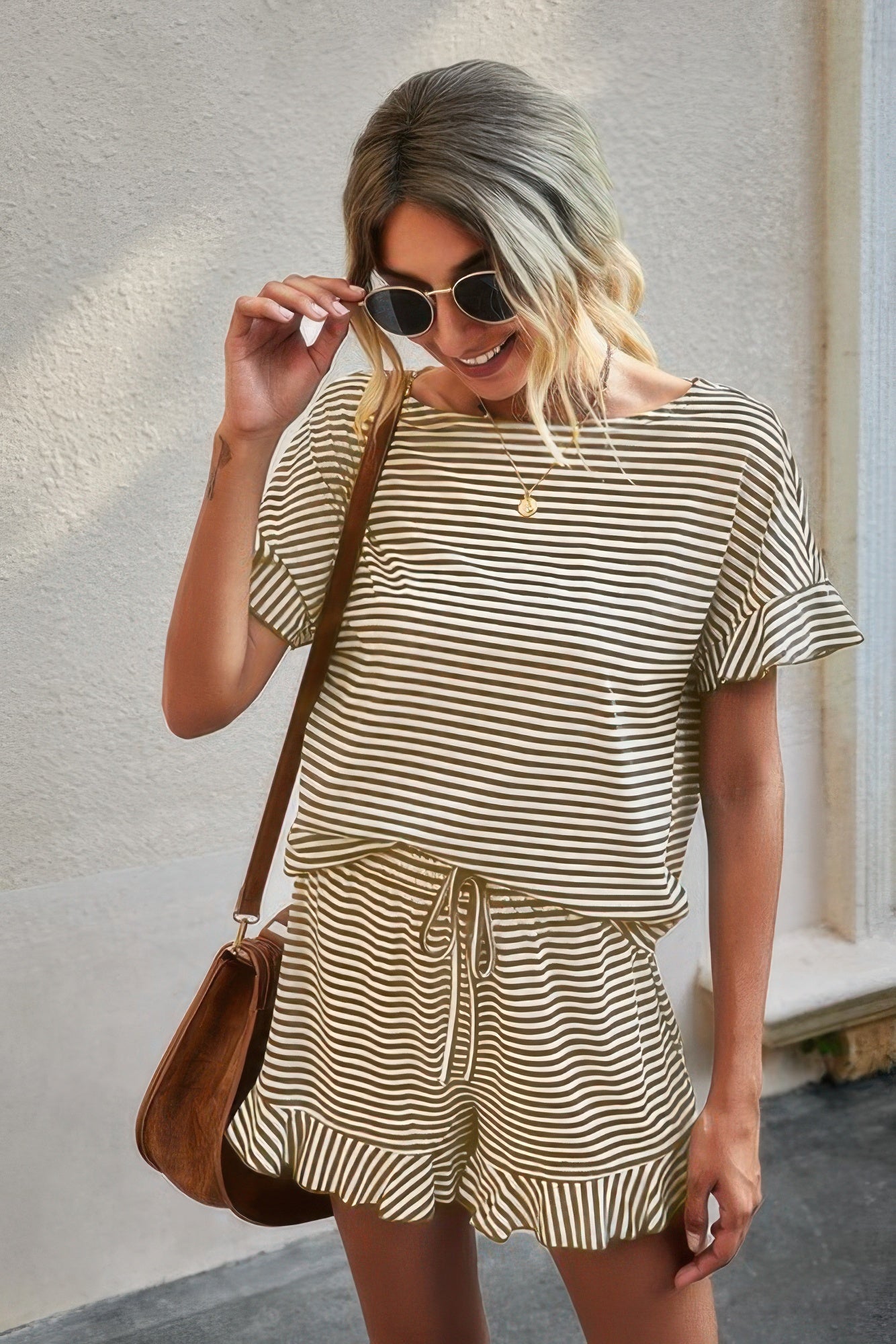 Round Neck Striped Top Short Set - Tigbul's Variety Fashion Shop