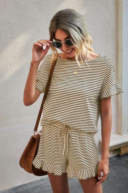 Round Neck Striped Top Short Set - Tigbul's Variety Fashion Shop
