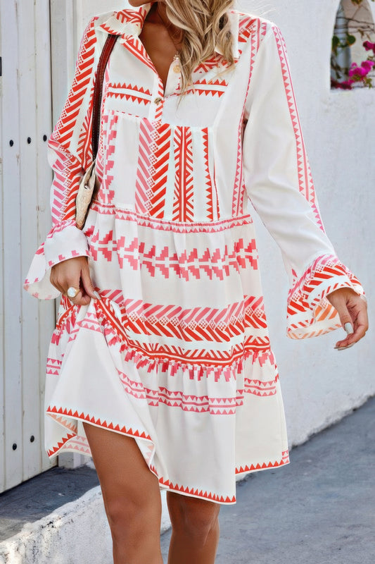Geometric Printed Bell Ruffle Sleeve Button Dress - Tigbul's Variety Fashion Shop