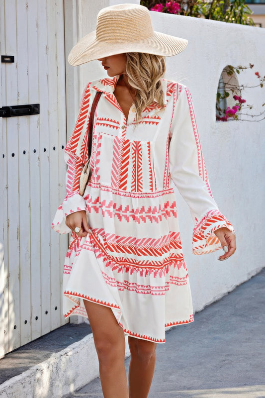 Geometric Printed Bell Ruffle Sleeve Button Dress - Tigbul's Variety Fashion Shop