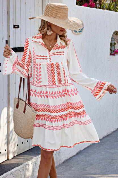 Geometric Printed Bell Ruffle Sleeve Button Dress - Tigbul's Variety Fashion Shop