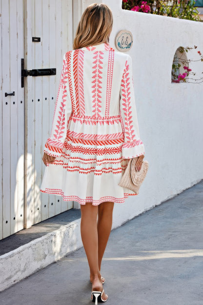 Geometric Printed Bell Ruffle Sleeve Button Dress - Tigbul's Variety Fashion Shop