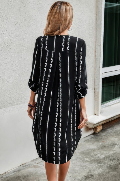 Graphic Strip Color Clock Loose Fit V Neck Dress - Tigbul's Variety Fashion Shop