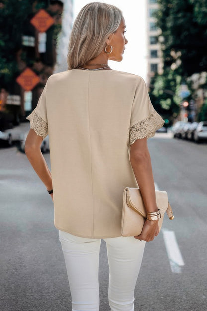 Color Block Lace Sleeve V Neck Solid Loose Fit Blouse - Tigbul's Variety Fashion Shop