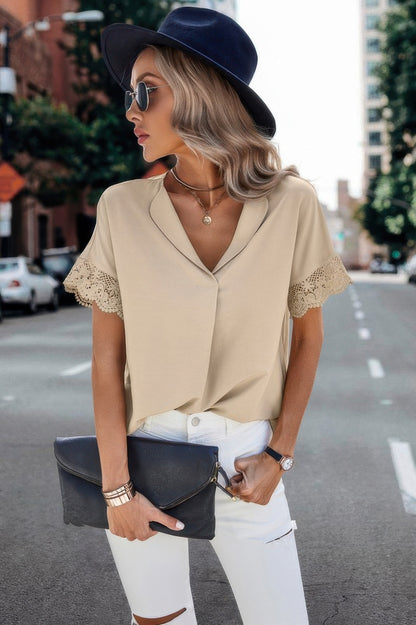 Color Block Lace Sleeve V Neck Solid Loose Fit Blouse - Tigbul's Variety Fashion Shop