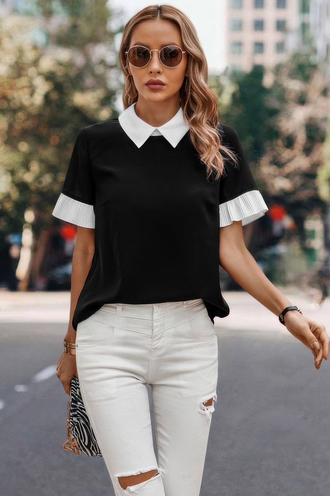 Peter Pan Ruffle Short Sleeves Blouse - Tigbul's Variety Fashion Shop