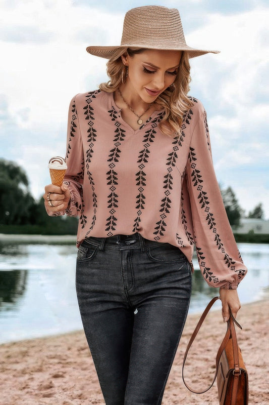 Graphic Print Strip Loose Fit V Neck Blouse - Tigbul's Variety Fashion Shop